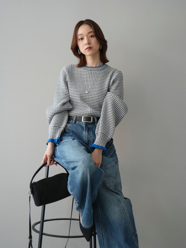 [SET]ラメ異素材ボーダーリブニットプルオーバー+ペインターカーブデニムパンツ(2set)