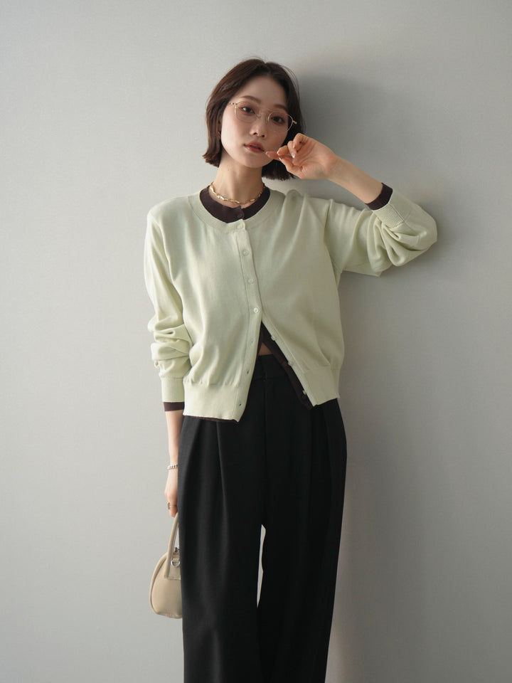 [予約]配色レイヤードコットンアクリルニットカーディガン/mint