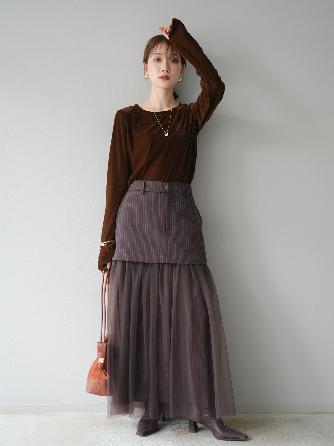 [予約]ストライプ切替チュールスカート/ブラウン