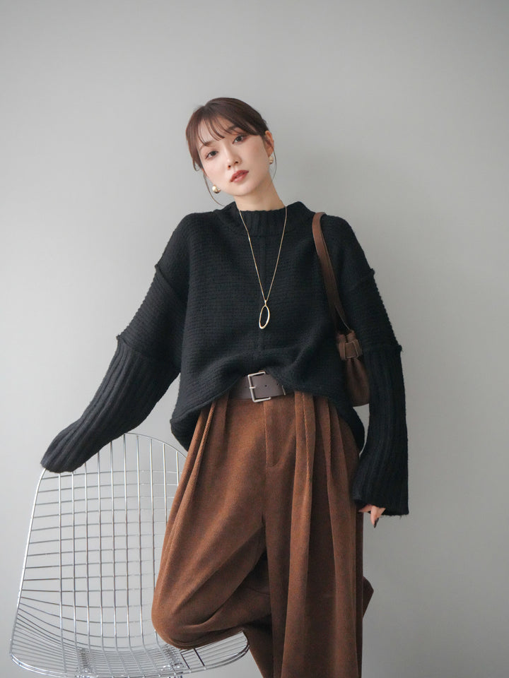 [予約]編み地切替ボトルネックニットプルオーバー/black