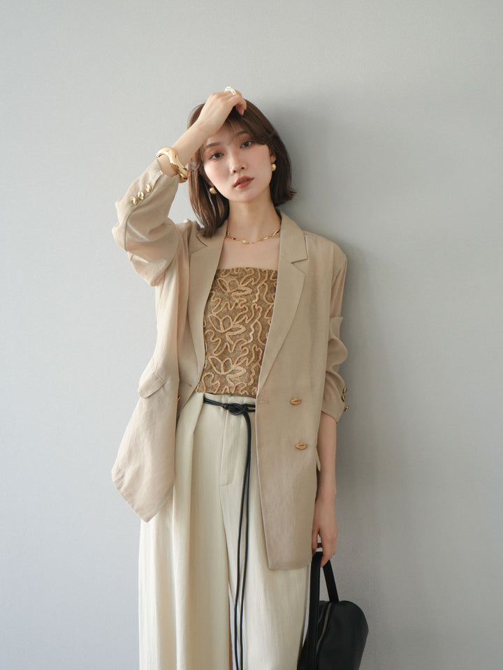 [SET] 金色扣環透視外套 + 滾邊花朵透視天鵝絨吊帶背心 + 繩紋腰帶麻感寬褲 (3 件套)