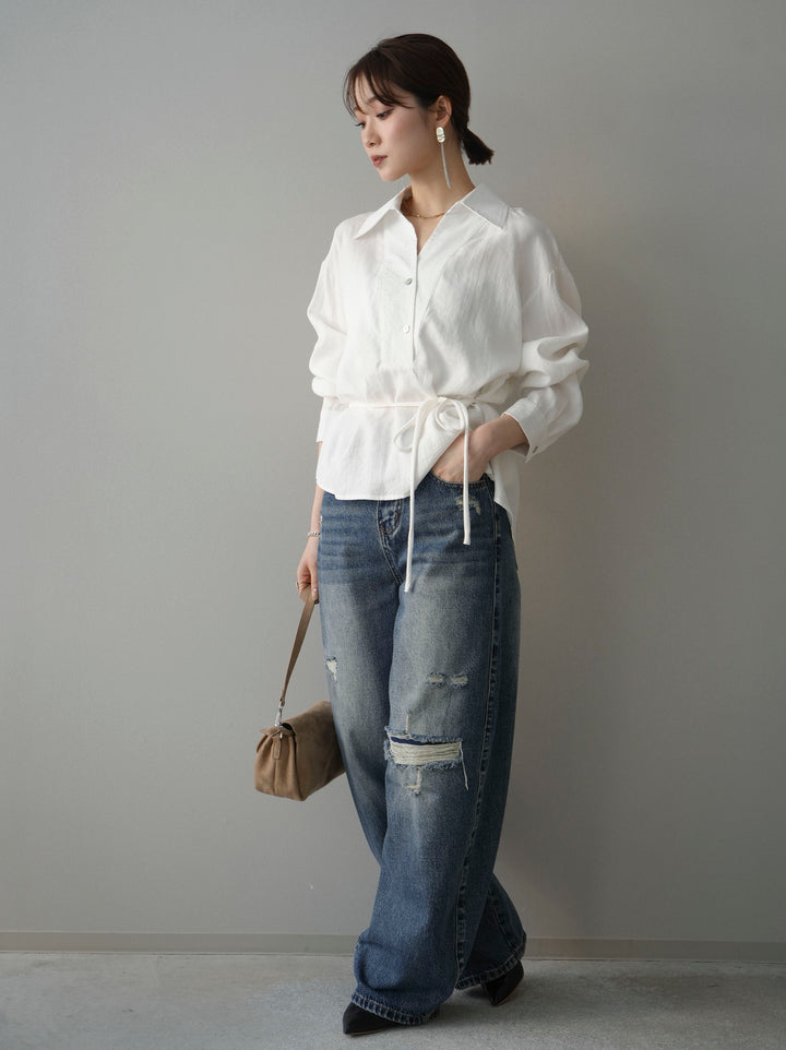 [SET]Vネック変形ラインシャツ+ダメージデニムセミワイドパンツ(2set)