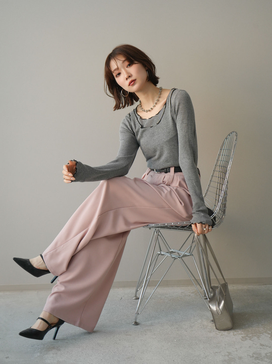 [予約]バイカラーメローアンサンブルシアーニットトップス/gray
