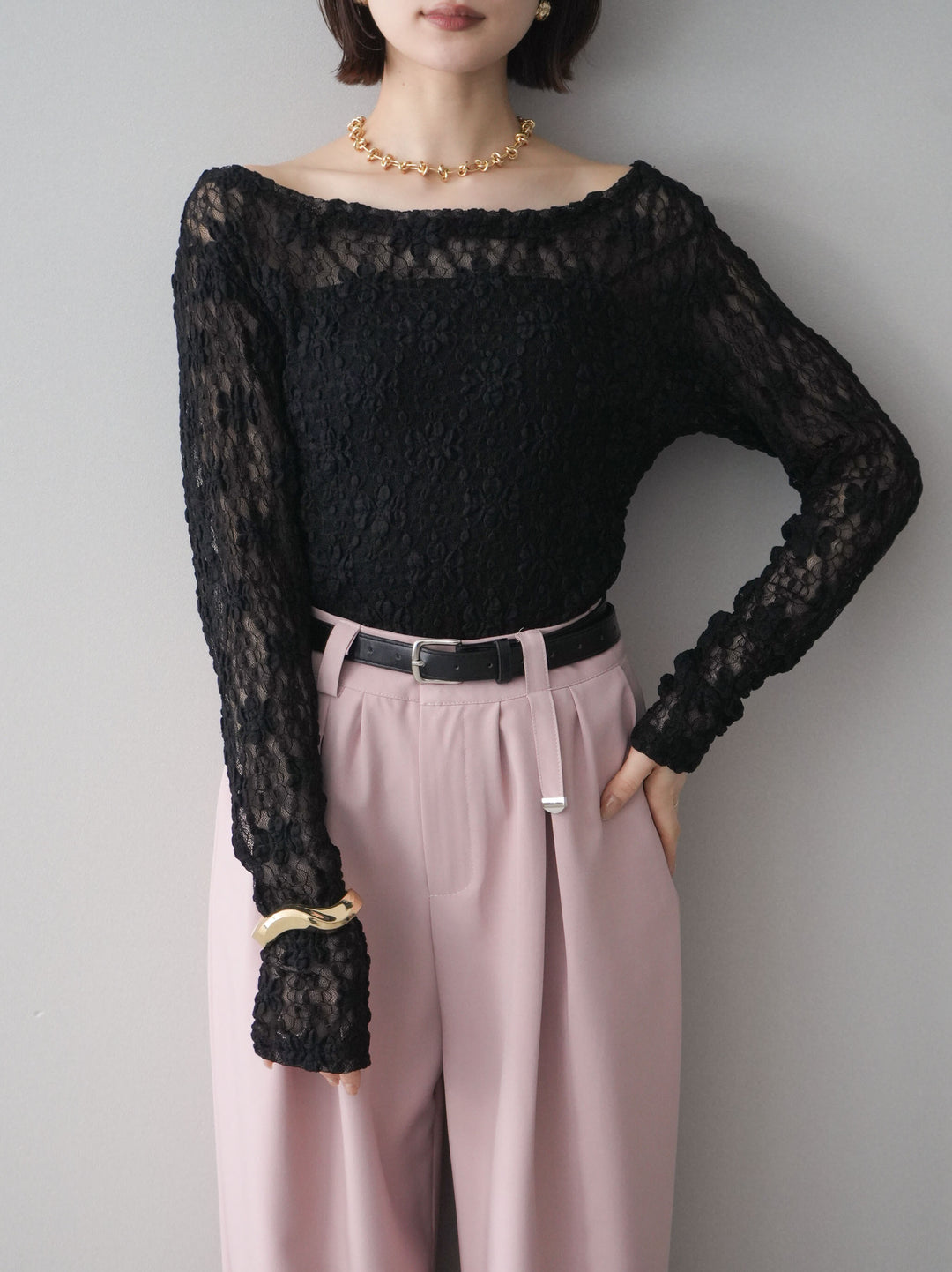 [SET]サイドギャザーレーストップス+ベルト付キーホルダーモチーフワイドパンツ(2set)