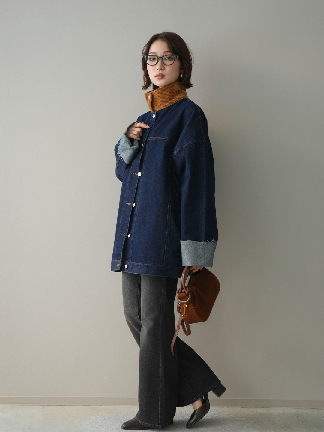[SET]コーデュロイ×デニムミドルジャケット+フレアデニムパンツ(2set)