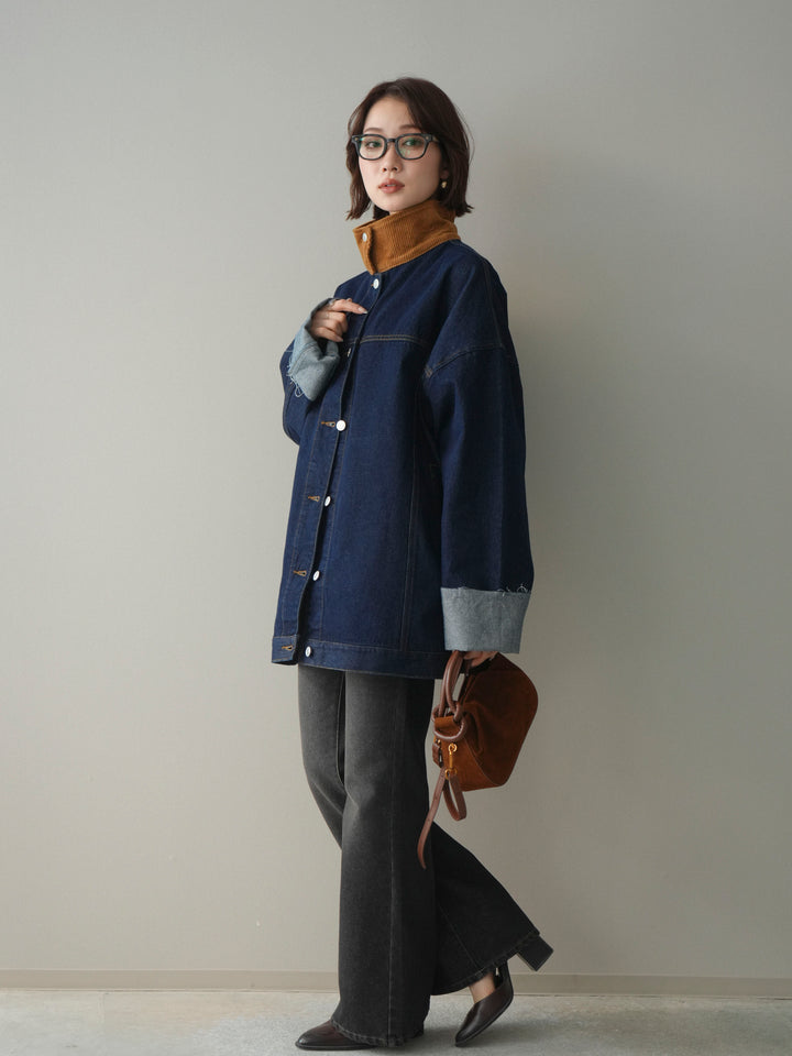 [SET]コーデュロイ×デニムミドルジャケット+フレアデニムパンツ(2set)