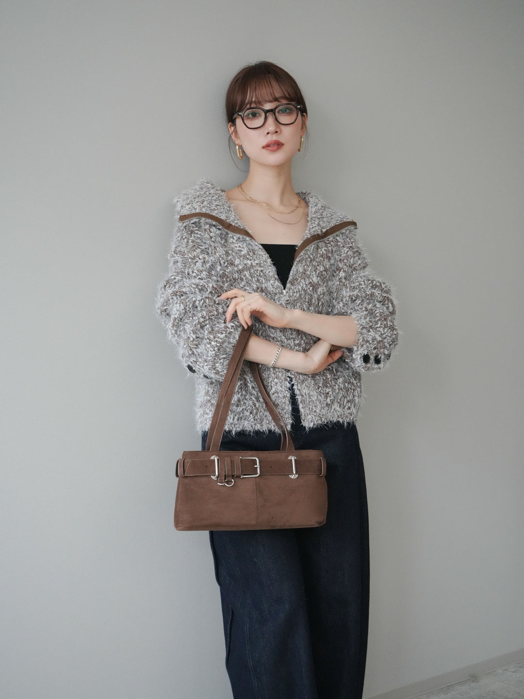 [予約]ミックスシャギージップニットカーディガン/brown