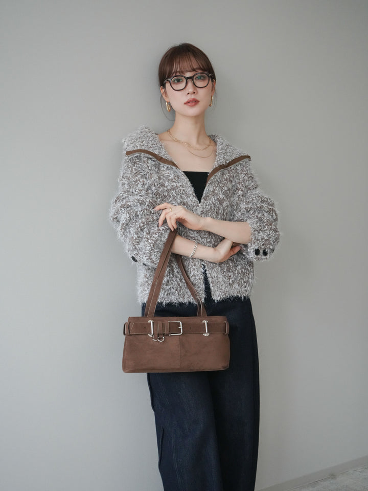 [予約]ミックスシャギージップニットカーディガン/brown