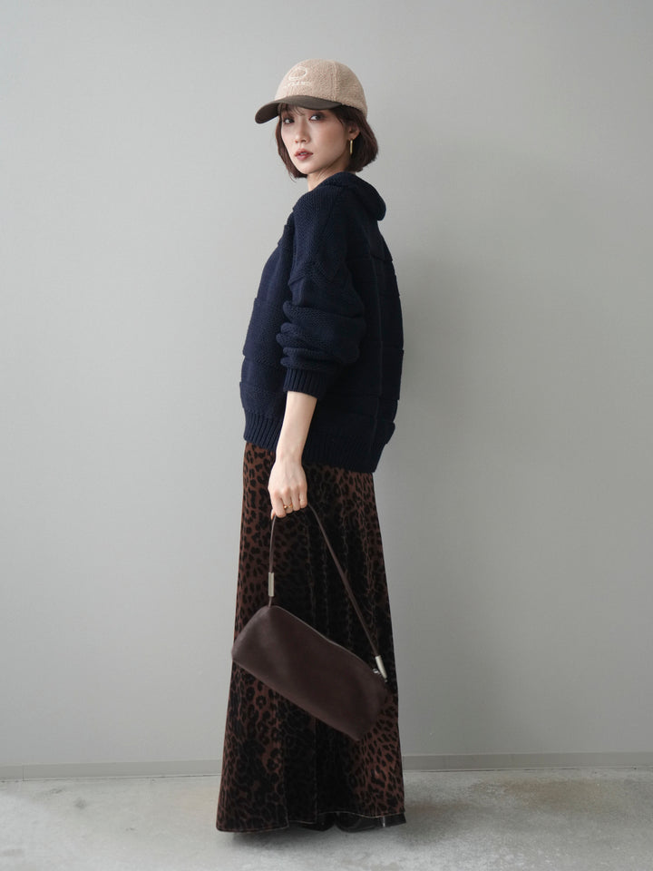 [SET]襟付きボーダー編みニットプルオーバー+レオパードベロアナロースカート(2set)