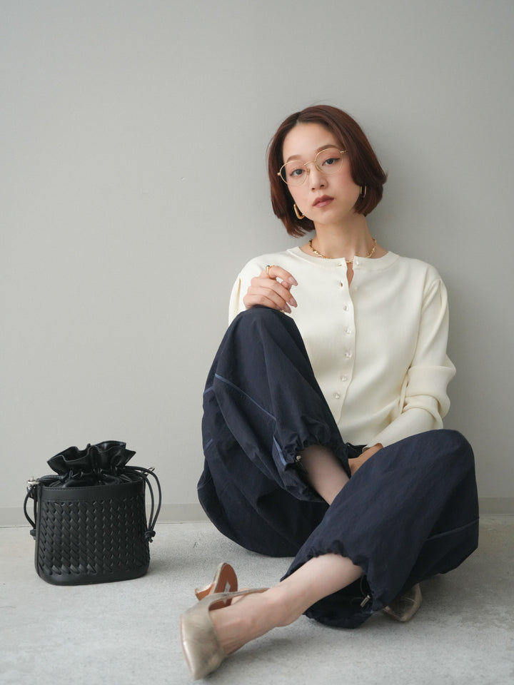 [SET]クリアボタンタックニットカーディガン+ドロストサイドラインナイロンパンツ(2set)