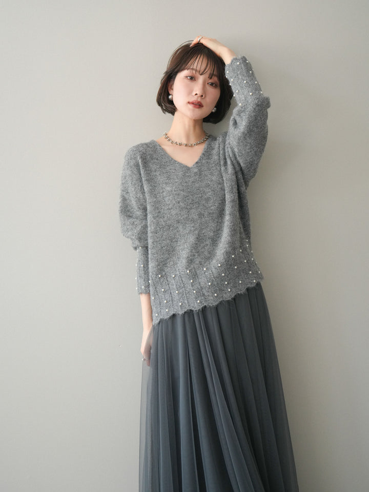 [SET]パールフリルリブヘムニットプルオーバー+選べるアクセセット(2set)
