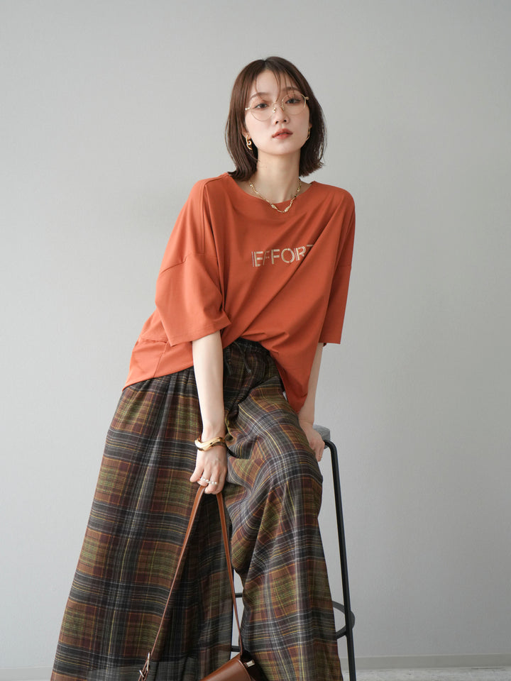 [套裝] 不同材質金屬標誌刺繡 x 印花T卹 + 透視格紋寬鬆褲（2 件套）