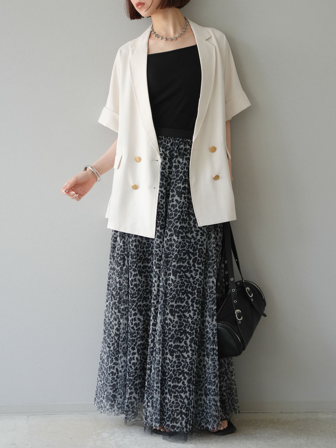 [予約]レオパードチュールレイヤードプリーツスカート/ブラック