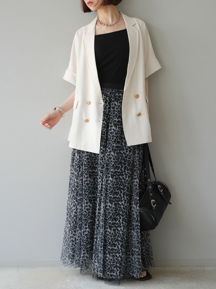 [予約]レオパードチュールレイヤードプリーツスカート/ブラック
