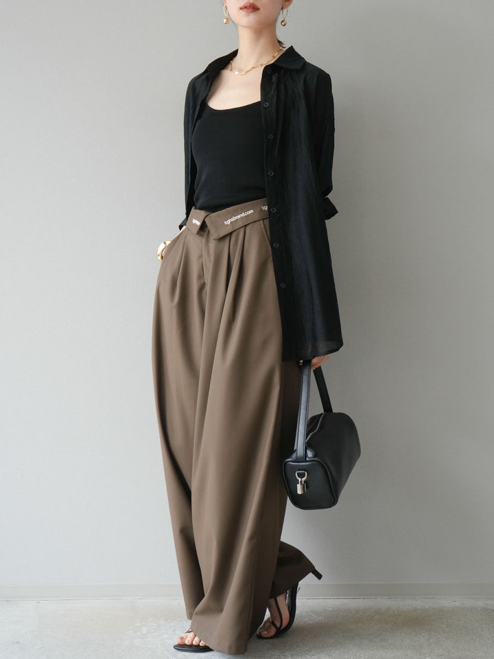 【預購】寬褲，捲腰，附logo褶/褐色