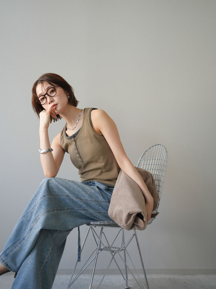 [SET]配色リブヘンリータンクトップ+ウエストベルトビジューワイドデニムパンツ(2set)