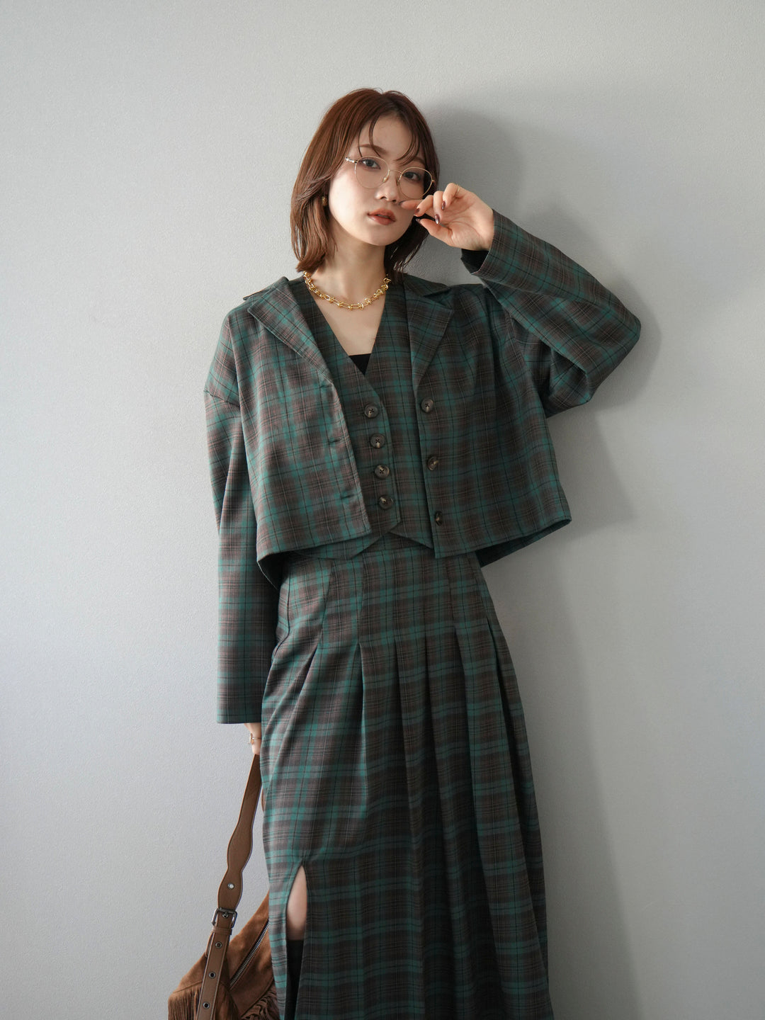 [SET]チェック柄ショートジャケット+チェック柄ベスト+チェック柄タックフレアスカート(3set)