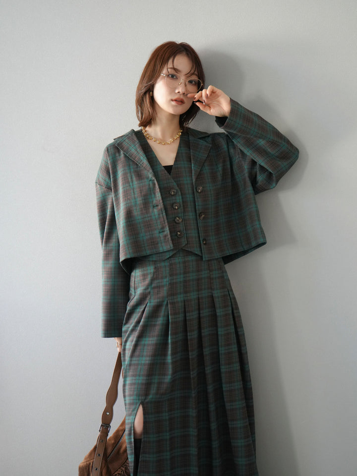 [SET]チェック柄ショートジャケット+チェック柄ベスト+チェック柄タックフレアスカート(3set)