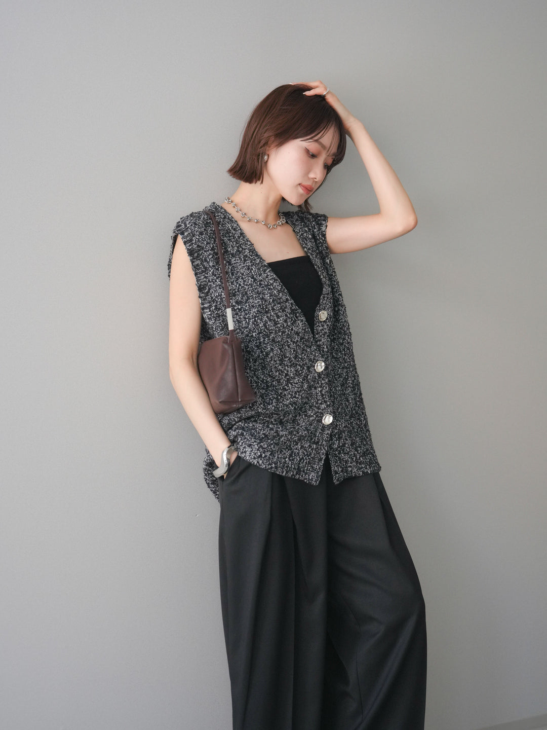 [予約]ミックススラブメタルボタンニットベスト/black