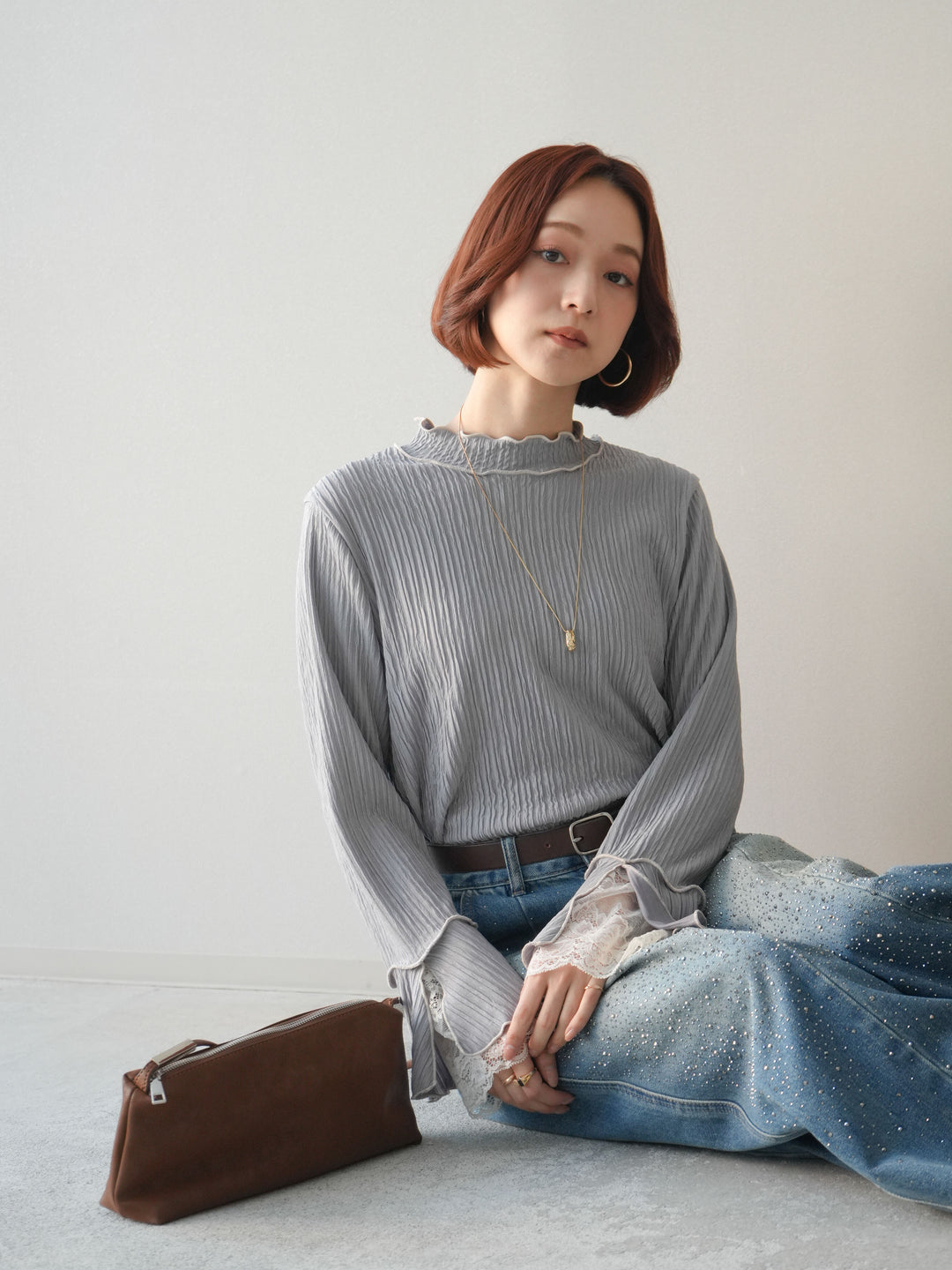 [予約]袖レース楊柳メロートップス/lightgray