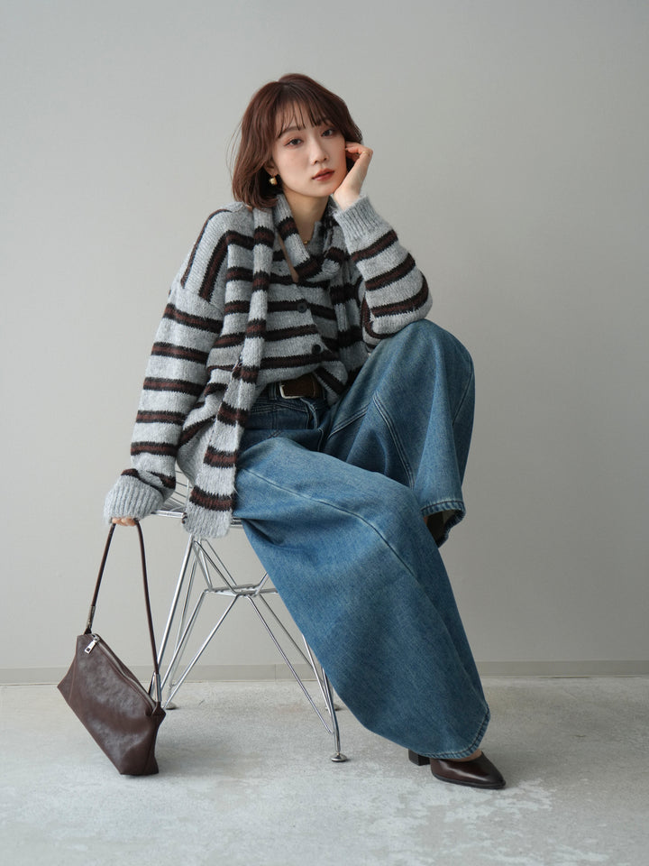 [SET]ボウタイ付きボーダーニットプルオーバー+ベルト付裏起毛カーブデニムパンツ(2set)