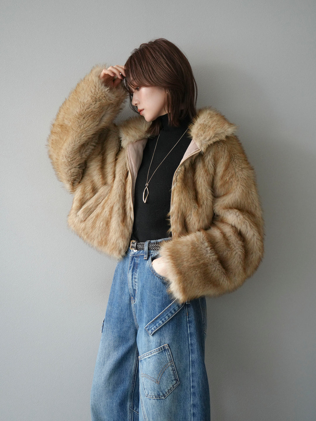 [予約]フェイクファーショートZIPジャケット/mix