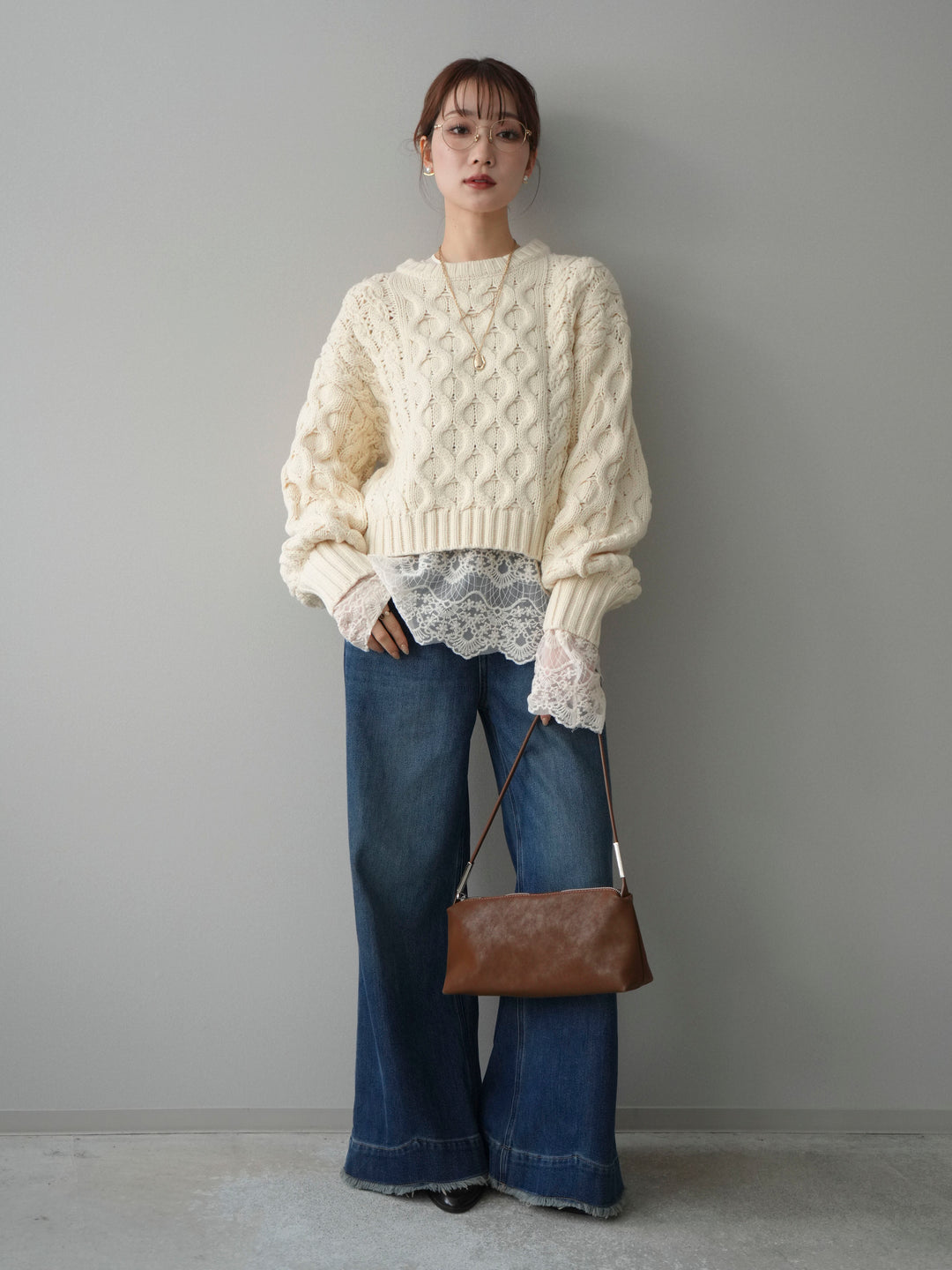 【着回しセット】[SET]バルキーケーブルクロップドニットプルオーバー+アンゴラタッチクルーネックニットプルオーバー+チュールレーストップス(3set)