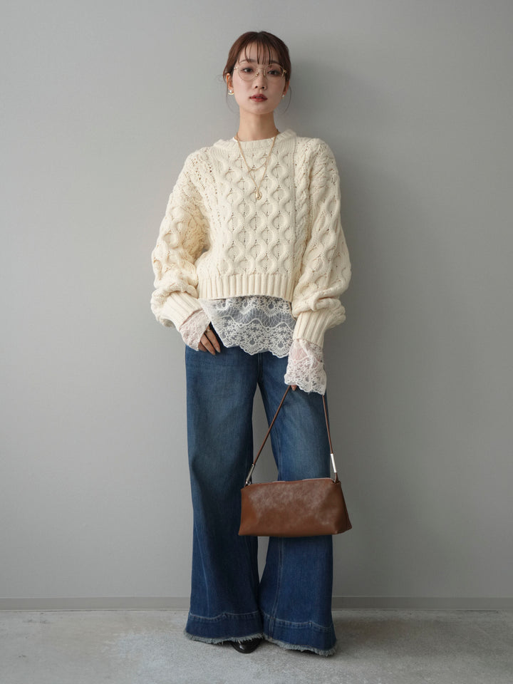 【着回しセット】[SET]バルキーケーブルクロップドニットプルオーバー+アンゴラタッチクルーネックニットプルオーバー+チュールレーストップス(3set)