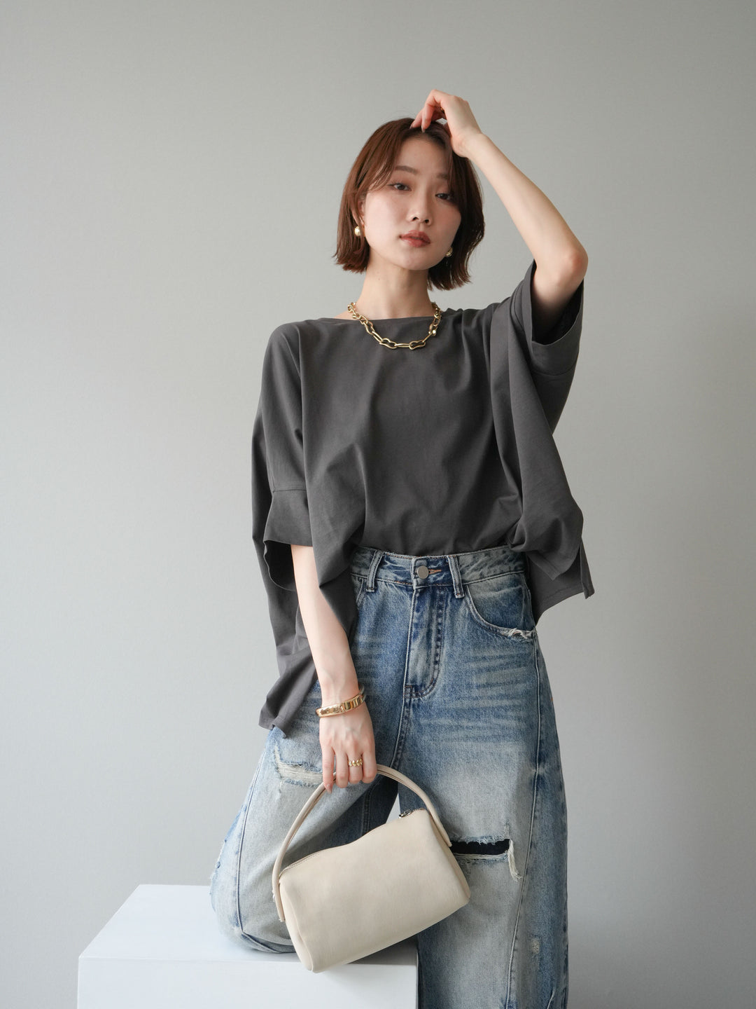 [SET]ドルマンワイドフレアトップス+ダメージカーブワイドデニムパンツ(2set)