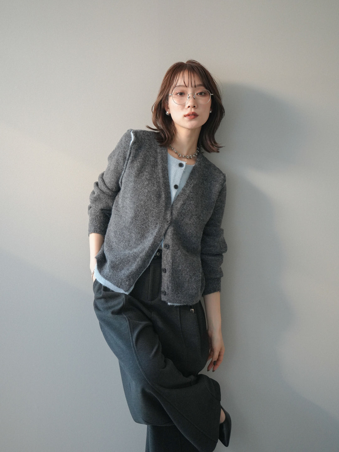 [SET]配色レイヤードニットカーディガン+選べるアクセセット(2set)