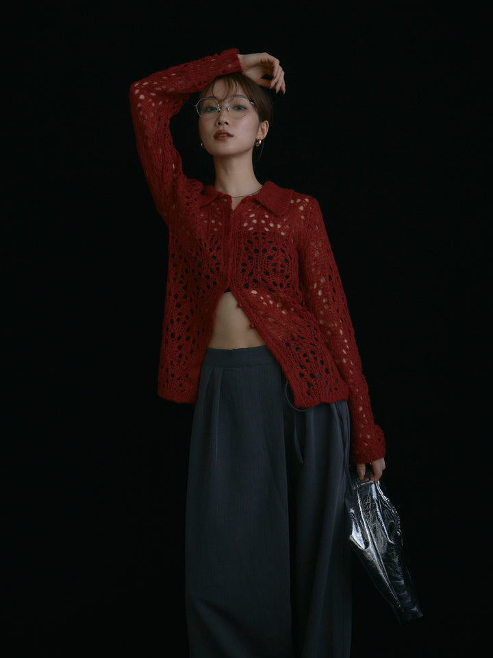 【Allure】[SET]ローゲージ透かし編みポロニッカーディガン+ラップデザインタックワイドパンツ(2set)