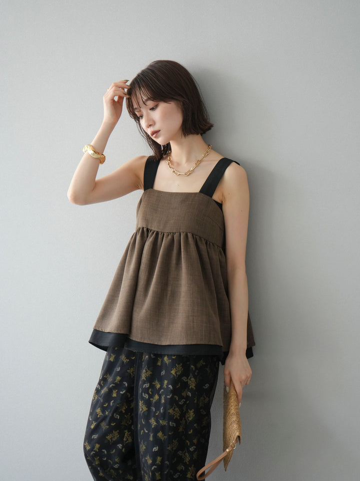 [SET]リネンライク配色フレアタンクトップ+ブーケプリントタックパンツ(2set)