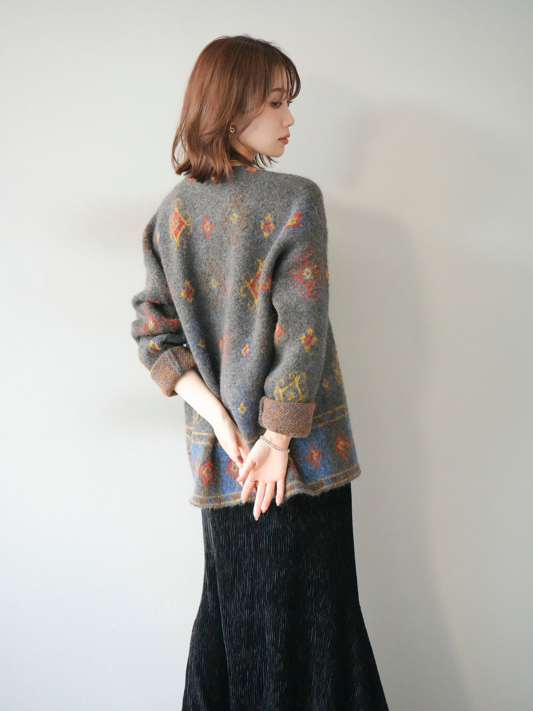 [予約]ヴィンテージ柄オーバーニットプルオーバー/チャコール