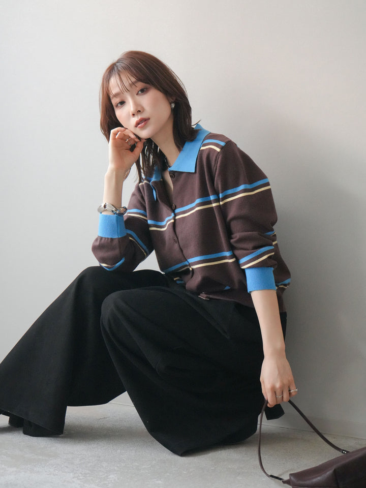 [予約]配色マルチボーダーポロニットカーディガン/brown