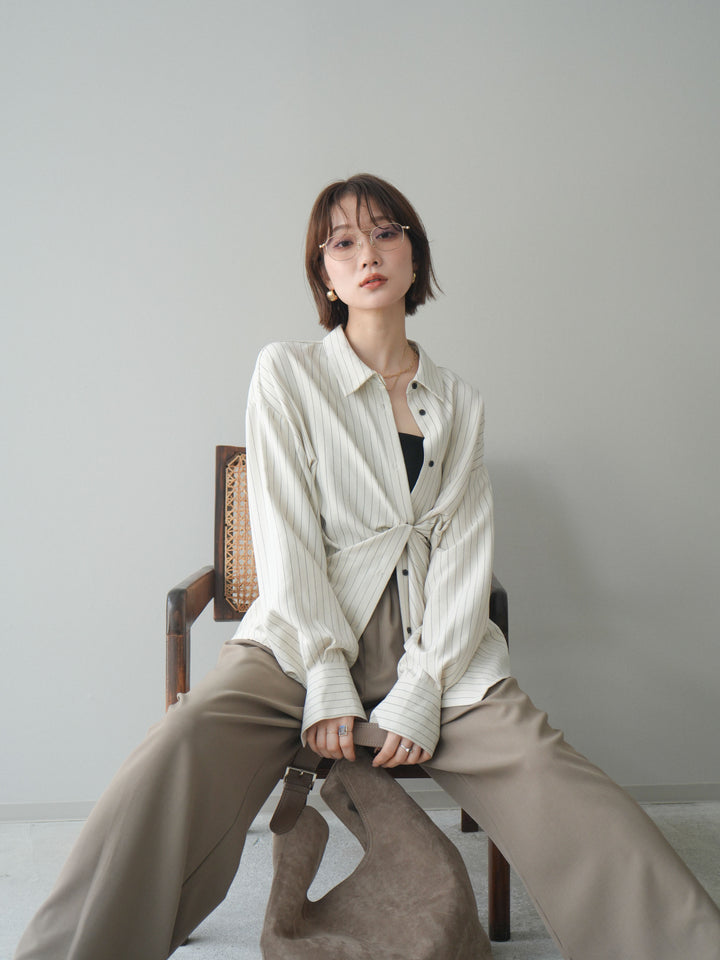 [SET]2WAYカシュクールストライプブラウス+ベルト付キーホルダーモチーフワイドパンツ(2set)