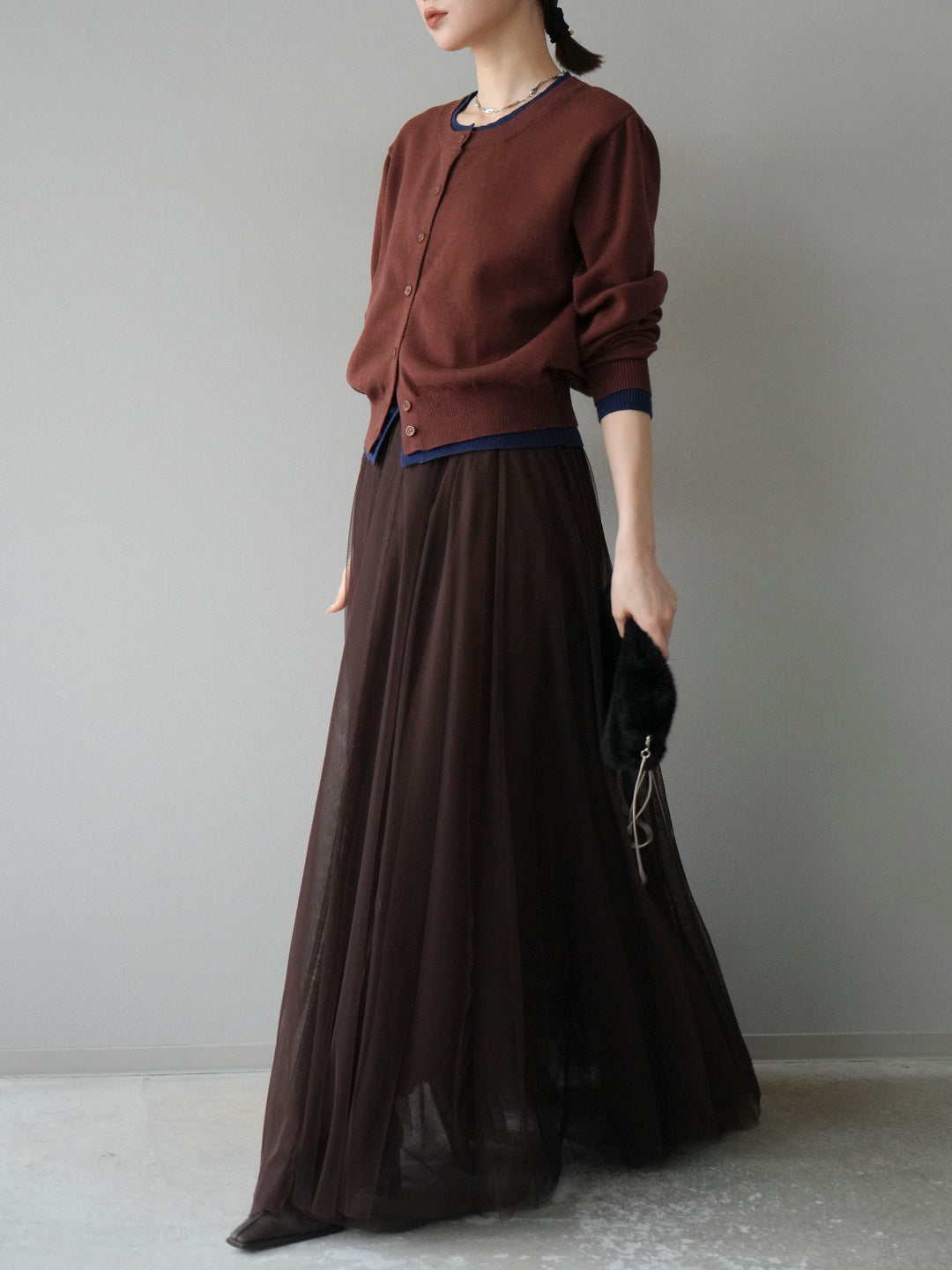 [SET]配色レイヤードカーディガン+チュールボリュームスカート(2set)