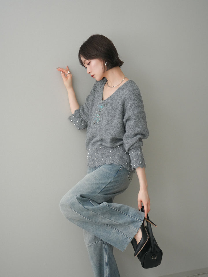 [SET]パールフリルリブヘムニットプルオーバー+選べるアクセセット(2set)