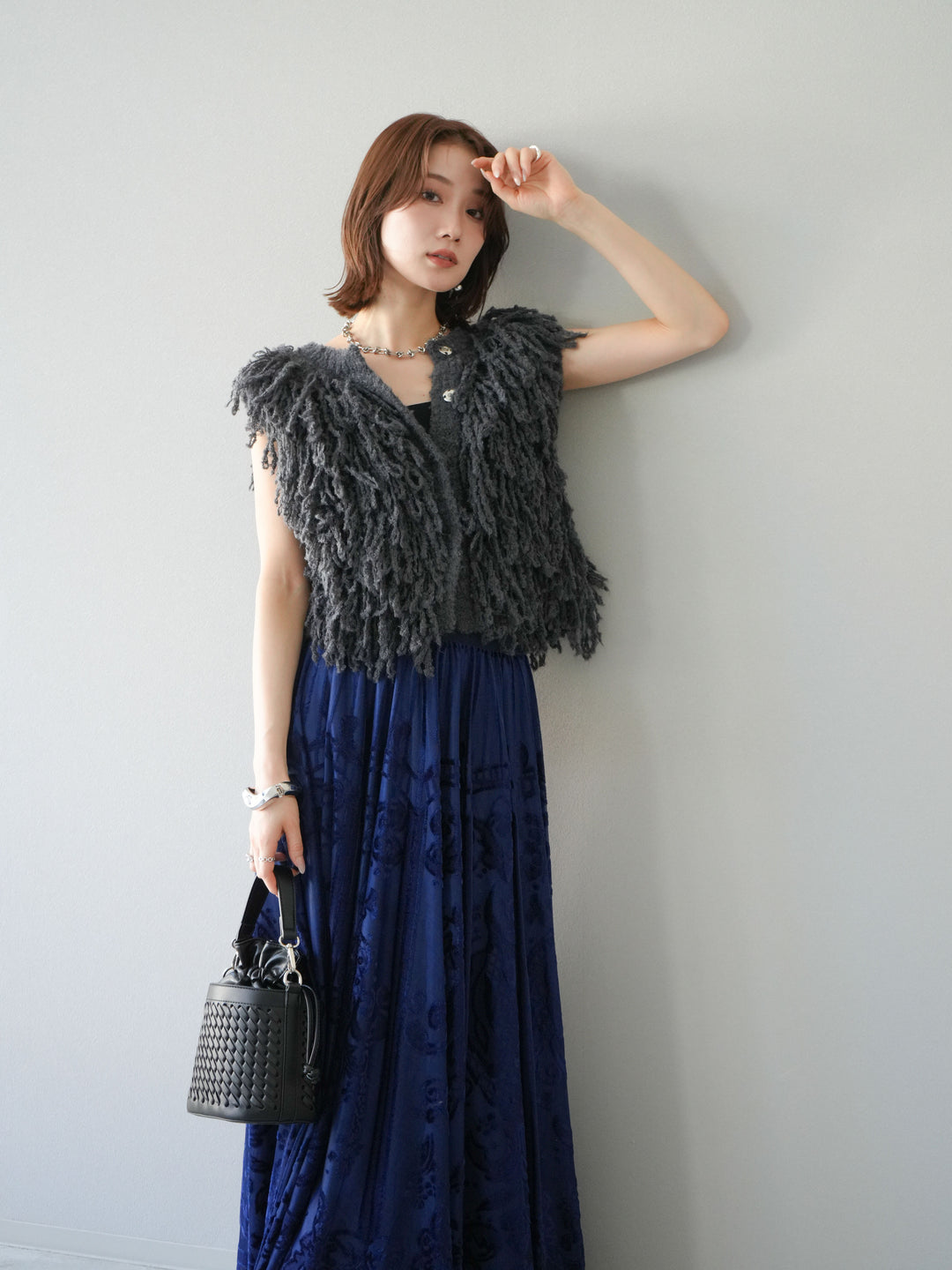 [予約]フリンジループニットベスト/チャコール