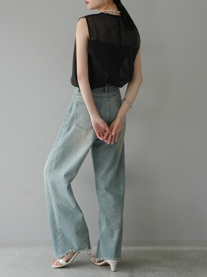 [SET] Organdy sleeveless top + belt asymmetrical damaged denim (2set)