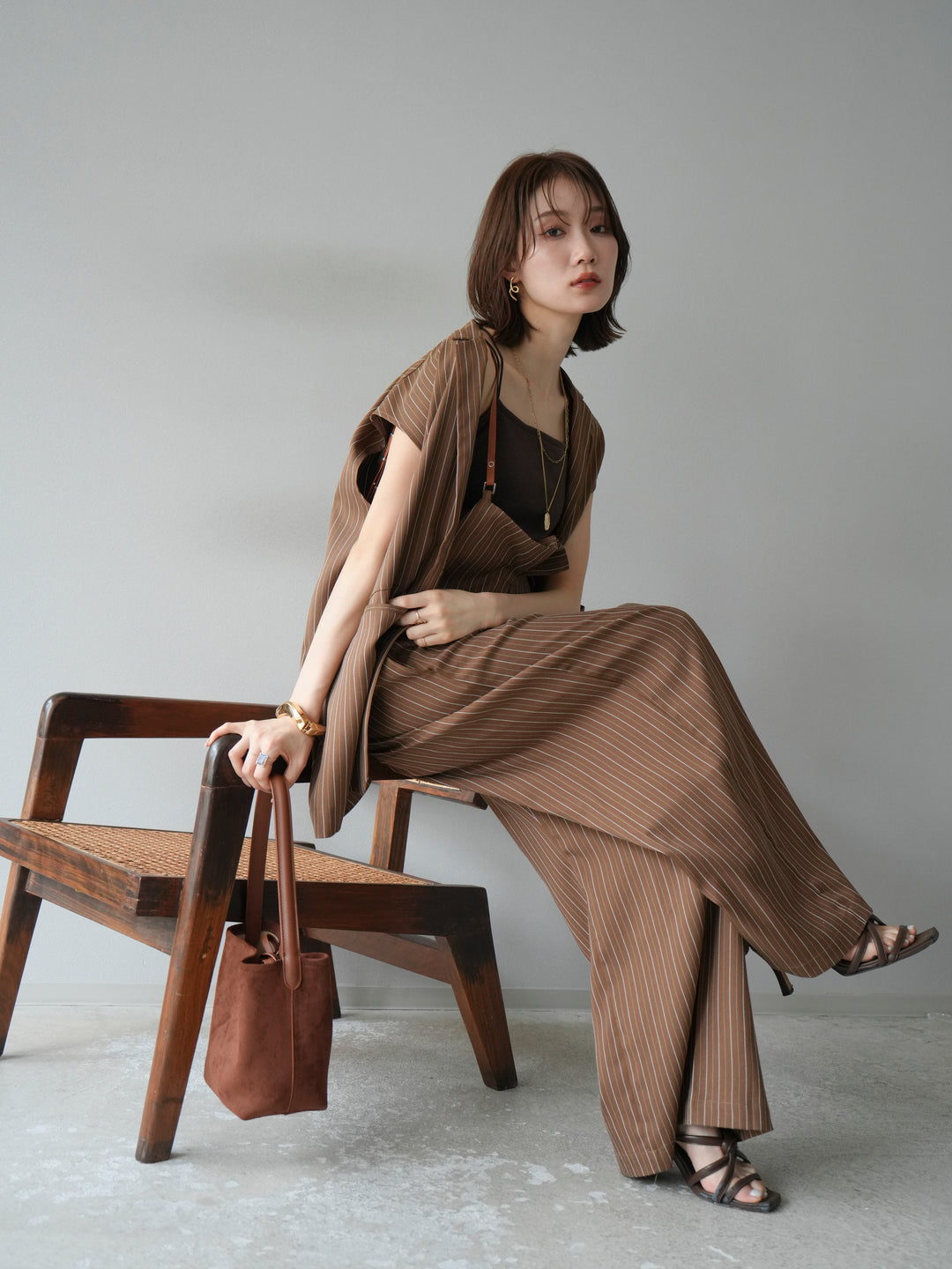 [SET]ヘリンボーンストライプジレ+ヘリンボーンストライプサロペット(2set)