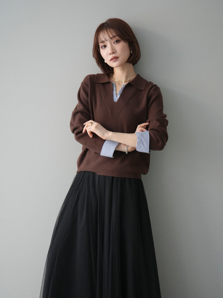 [予約]シャツレイヤードスキッパーニットプルオーバー/brown