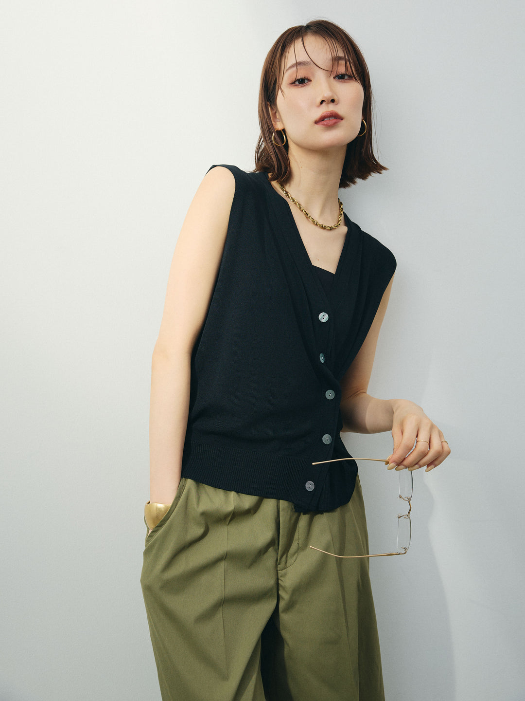 [SET]クールタッチ2WAYデザインニットベスト+コクーンワイドチノパンツ(2set)