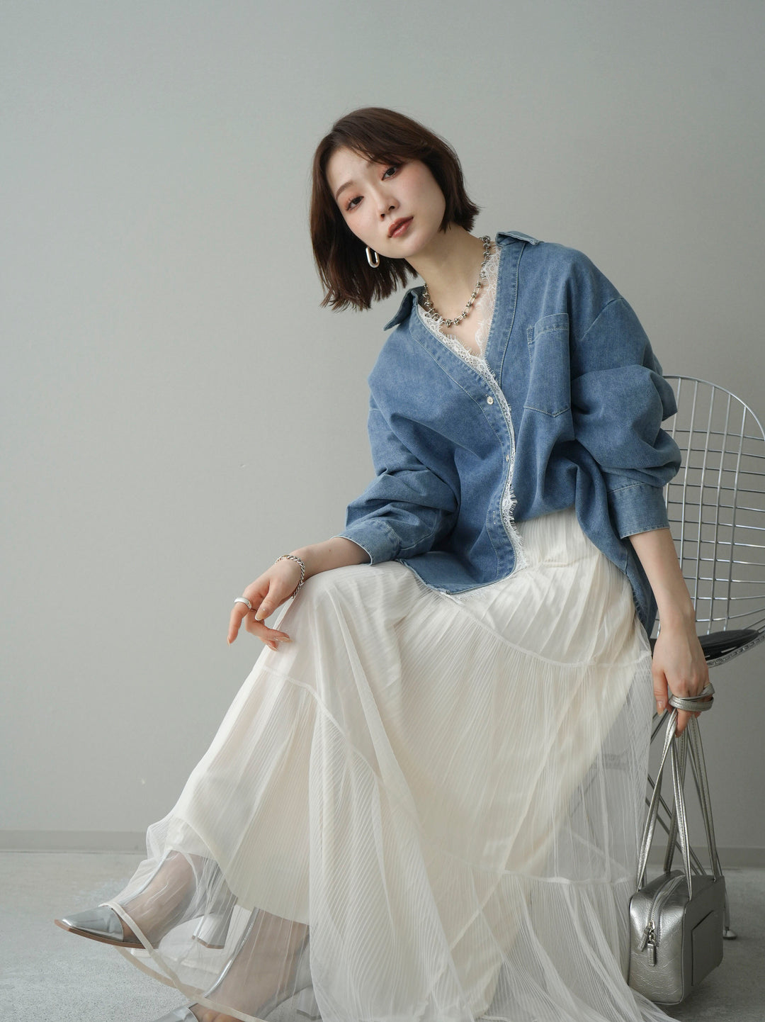 [SET]レースレイヤードデニム開襟シャツ+選べるアクセセット(2set)