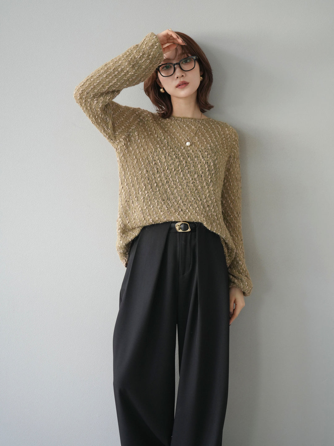 【着回しセット】[SET]求心柄クロップドニットカーディガン+異素材ミックスヤーンニットプルオーバー+ベルトループデザインワイドパンツ(3set)