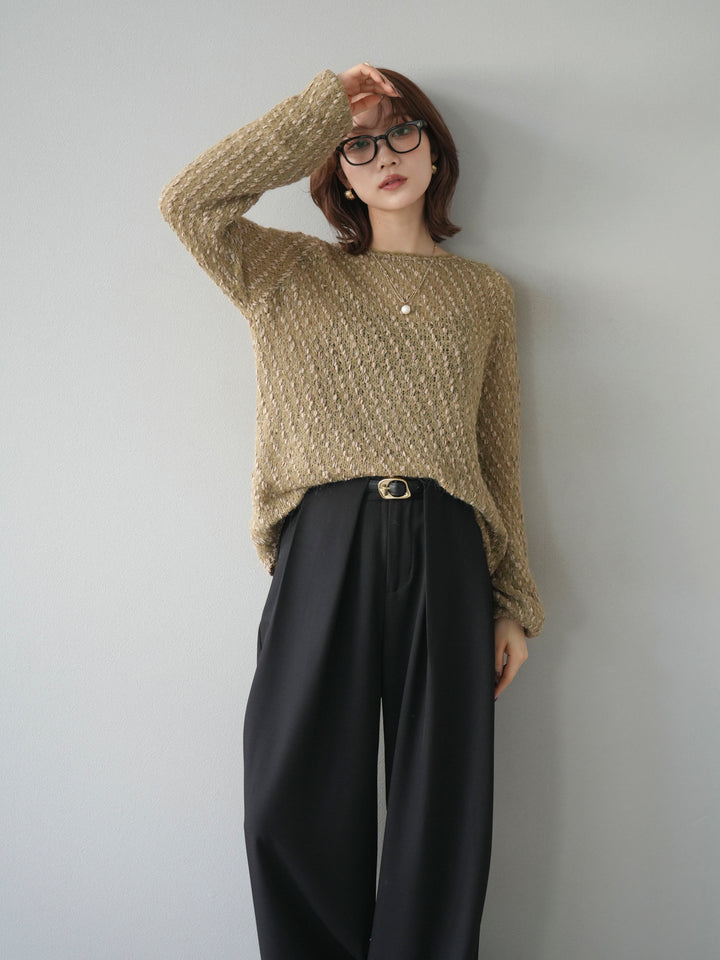 【着回しセット】[SET]求心柄クロップドニットカーディガン+異素材ミックスヤーンニットプルオーバー+ベルトループデザインワイドパンツ(3set)