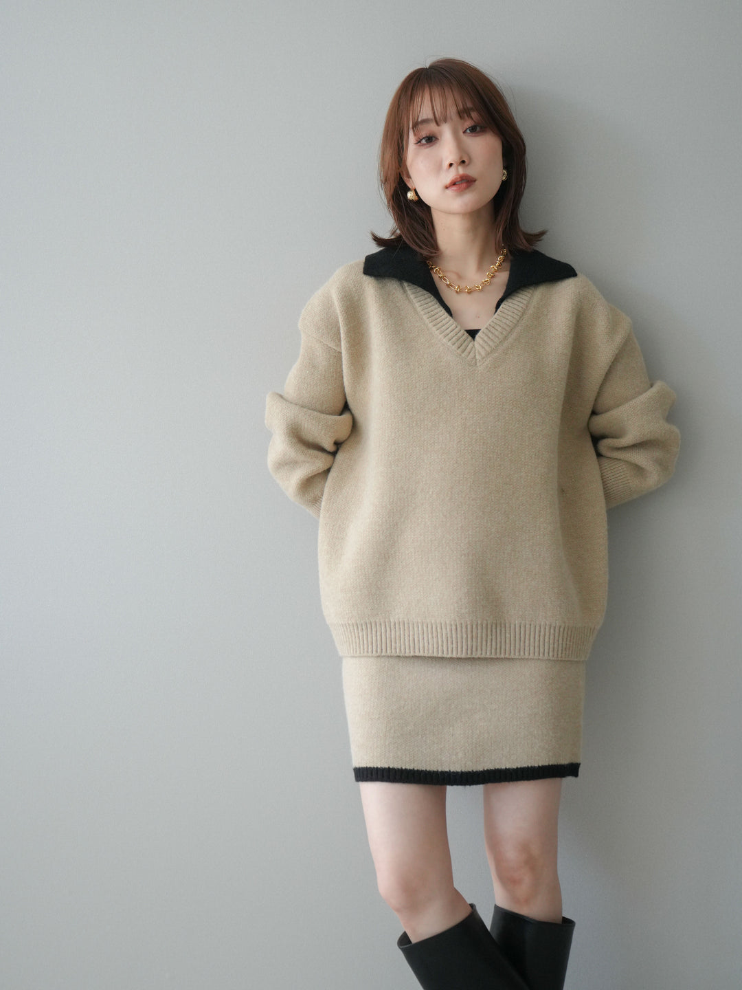 [SET]配色襟ニット＆ミニスカートSET UP+配色襟ニット＆ミニスカートSET UP(2set)