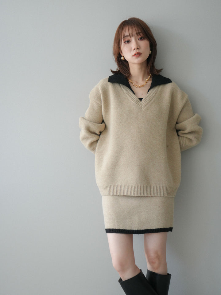 [SET]配色襟ニット＆ミニスカートSET UP+配色襟ニット＆ミニスカートSET UP(2set)