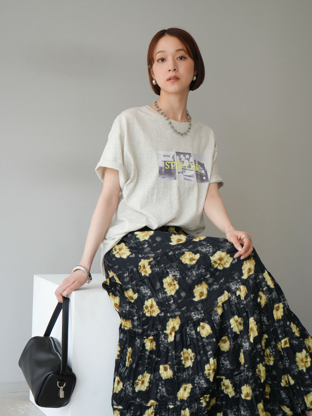 [SET]ネオンロゴコラージュフォトプリントオーバーTシャツ+フラワーワッシャーロングスカート(2set)