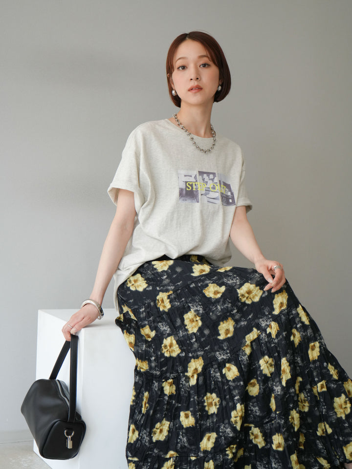[SET]ネオンロゴコラージュフォトプリントオーバーTシャツ+フラワーワッシャーロングスカート(2set)