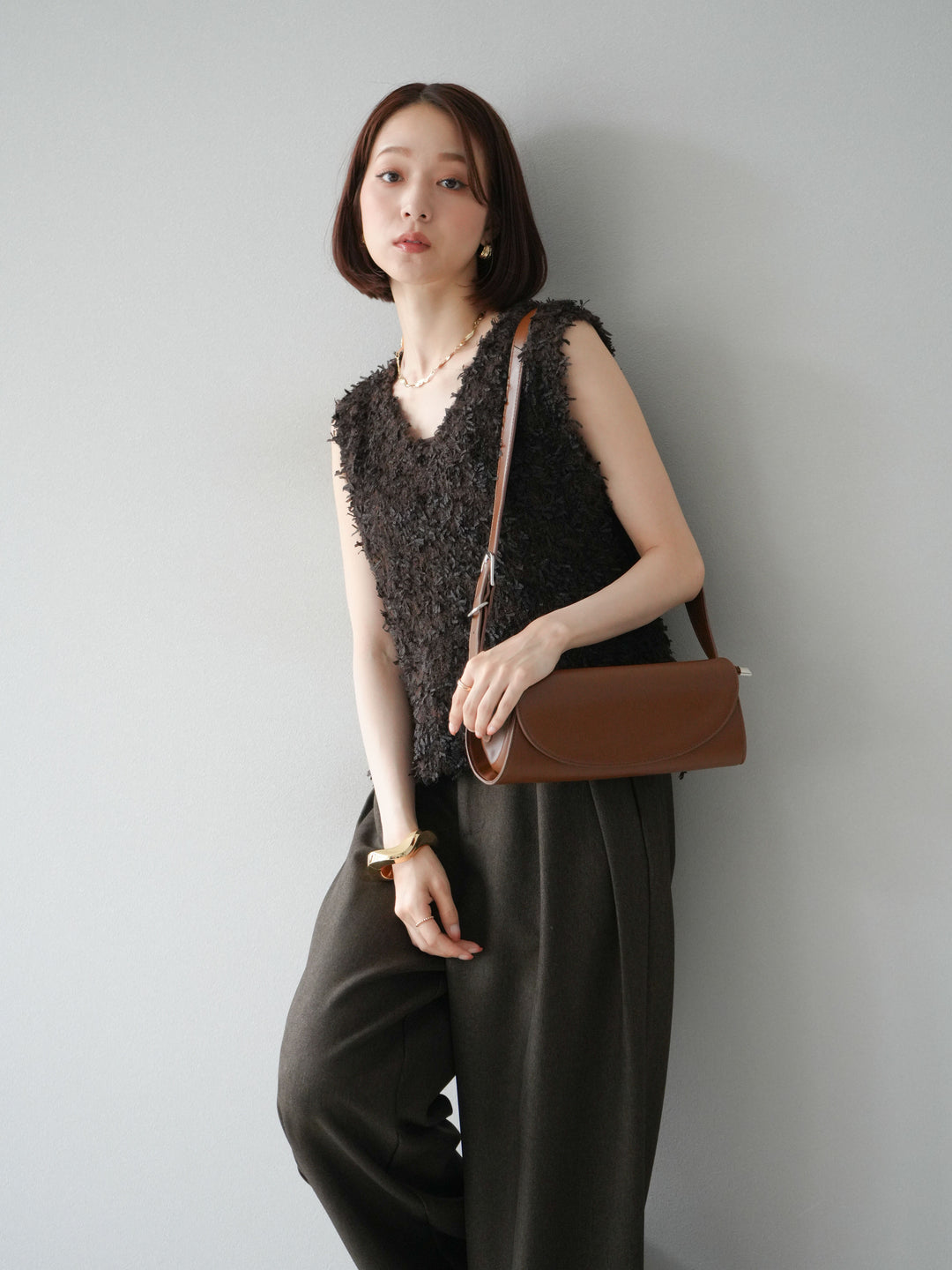 [予約]テープヤーンフリンジニットベスト/ブラウン